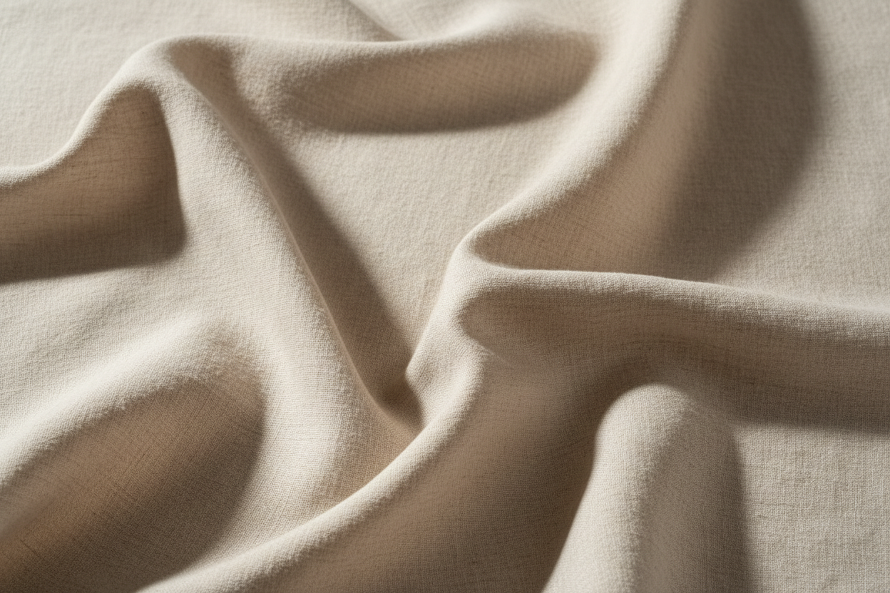 Soft abstract background inspired by linen fabric,
gentle folds and light shadows,
neutral warm palette, natural daylight,
editorial fashion aesthetic, minimal, calm,
no products, no people, no text